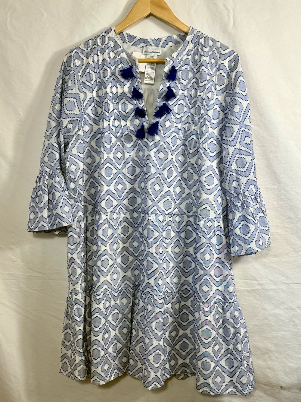 Tommy Bahama Blue and White Patterned Tunic with Tassel Trim